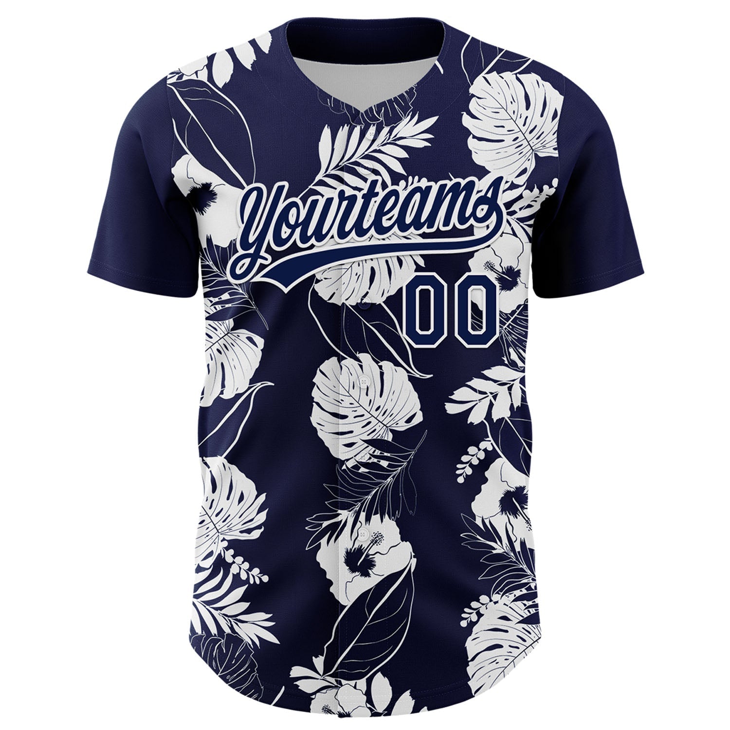 Custom Navy White 3D Tropical Hawaii Leaves And Flower Authentic Baseball Jersey view 2