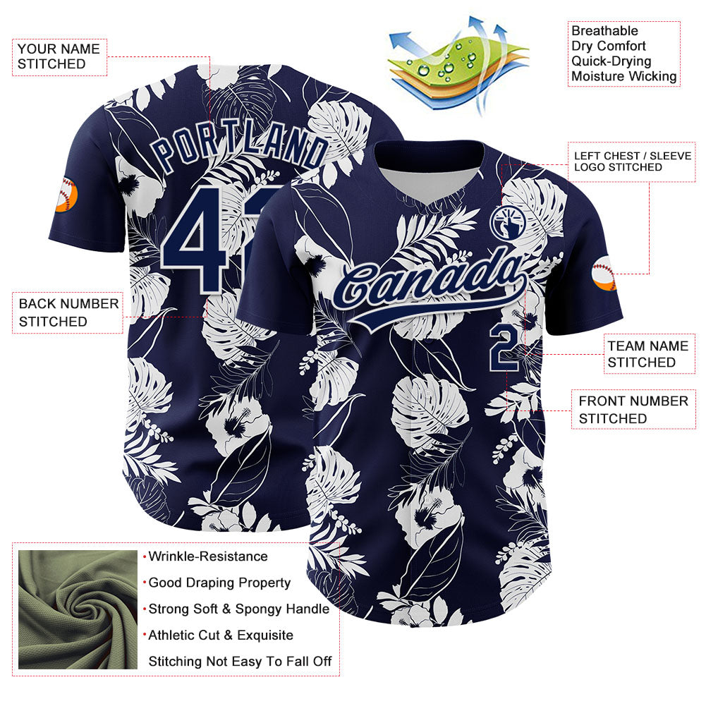 Custom Navy White 3D Tropical Hawaii Leaves And Flower Authentic Baseball Jersey view 3