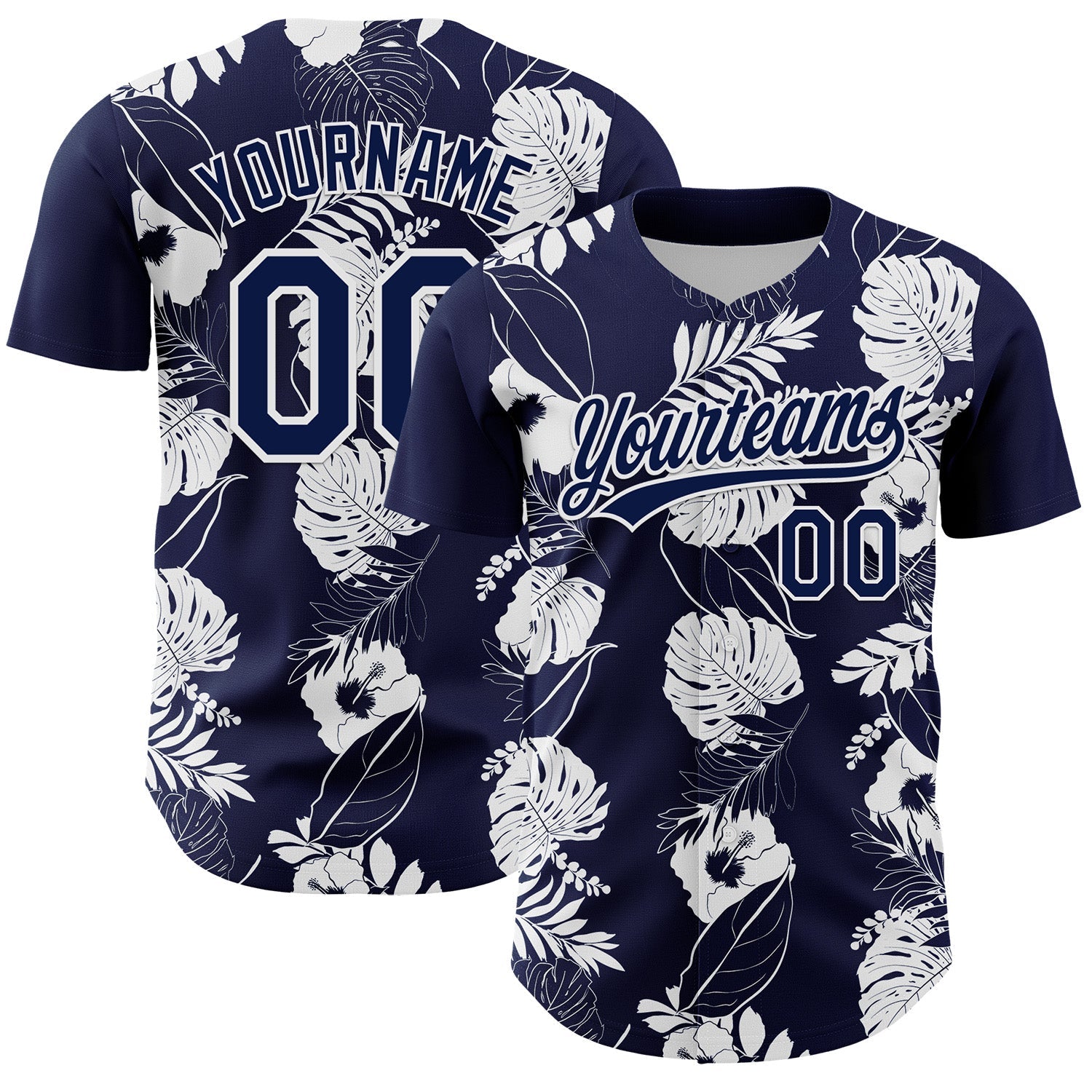 Custom Navy White 3D Tropical Hawaii Leaves And Flower Authentic Baseball Jersey - Main View