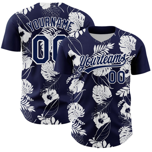 Custom Navy White 3D Tropical Hawaii Leaves And Flower Authentic Baseball Jersey - Main View