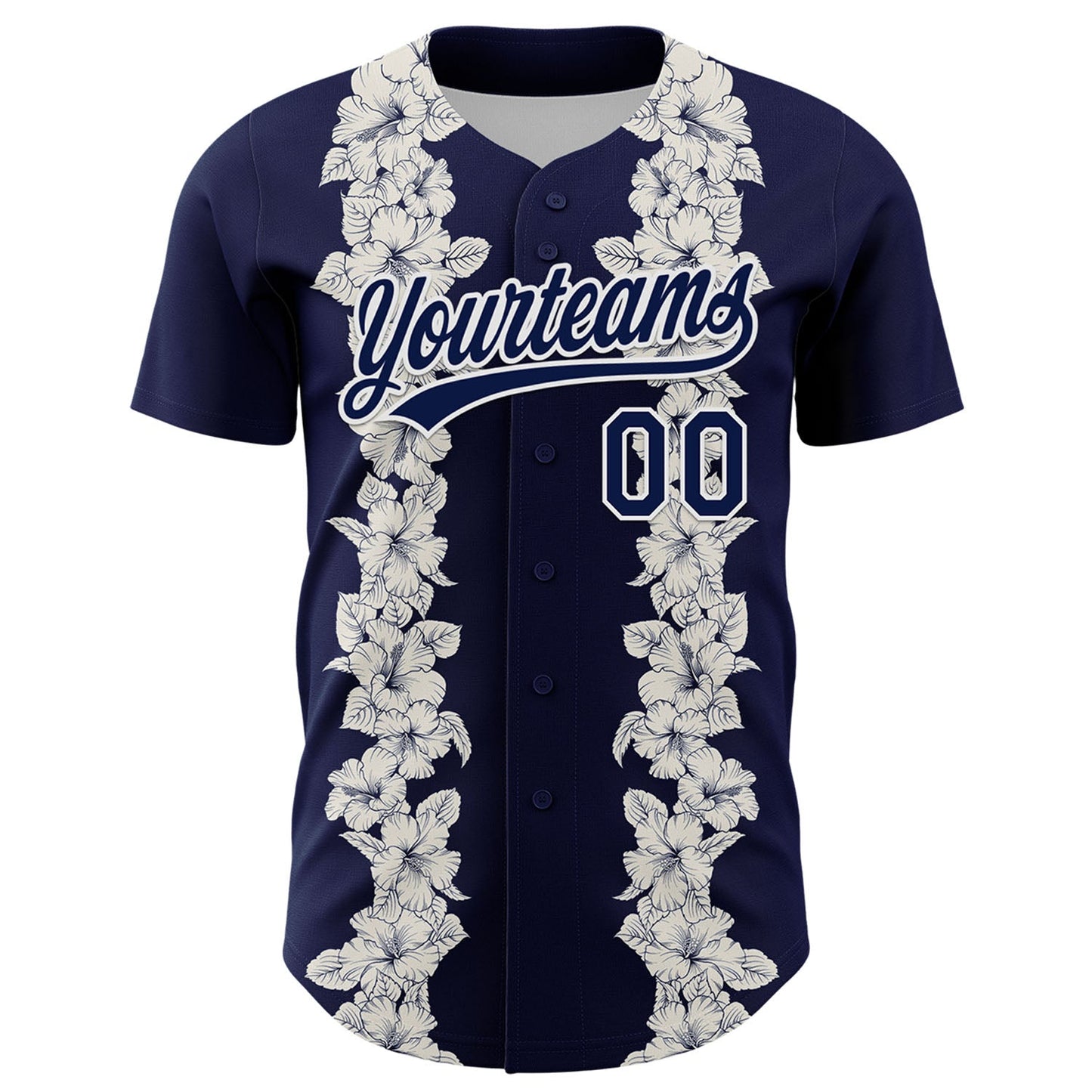 Custom Navy White 3D Tropical Hawaii Leaves And Flower Authentic Baseball Jersey view 2