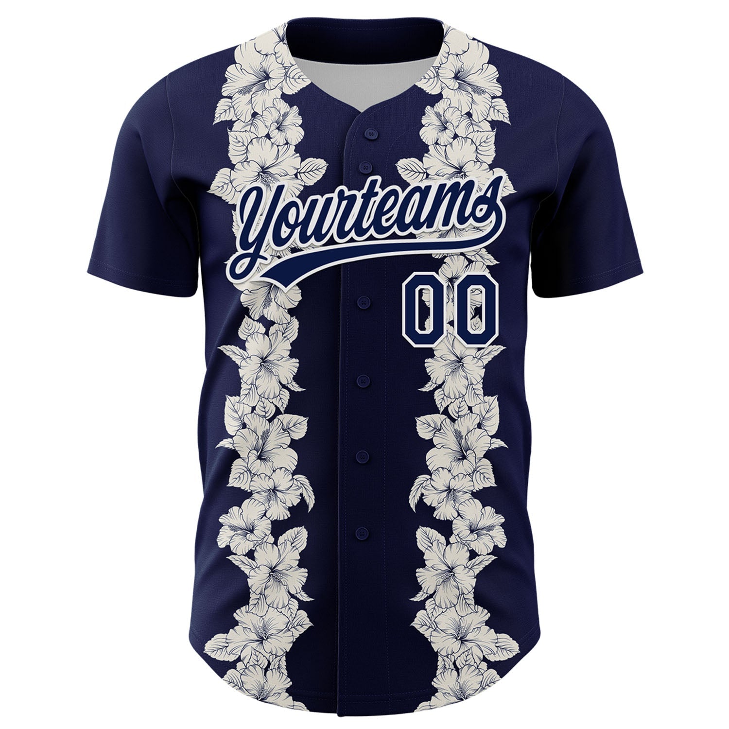 Custom Navy White 3D Tropical Hawaii Leaves And Flower Authentic Baseball Jersey view 2