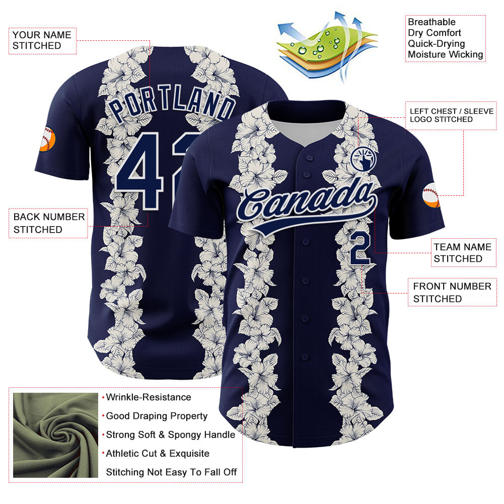 Custom Navy White 3D Tropical Hawaii Leaves And Flower Authentic Baseball Jersey view 3