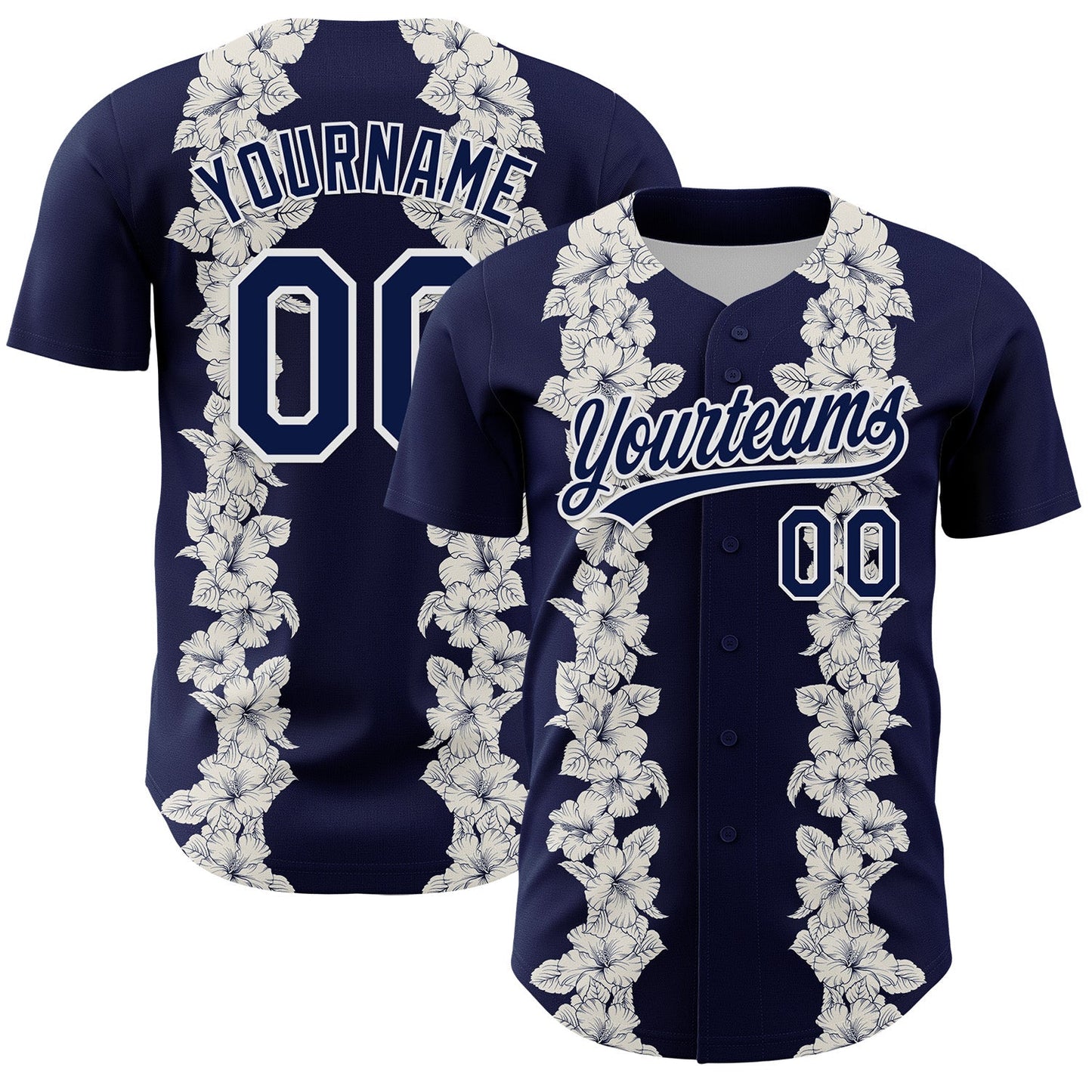Custom Navy White 3D Tropical Hawaii Leaves And Flower Authentic Baseball Jersey - Main View