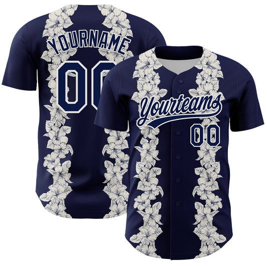 Custom Navy White 3D Tropical Hawaii Leaves And Flower Authentic Baseball Jersey - Main View