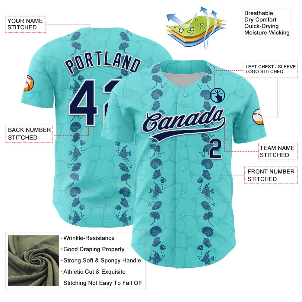 Custom Ice Blue Navy-White 3D Tropical Hawaii Style Authentic Baseball Jersey view 3