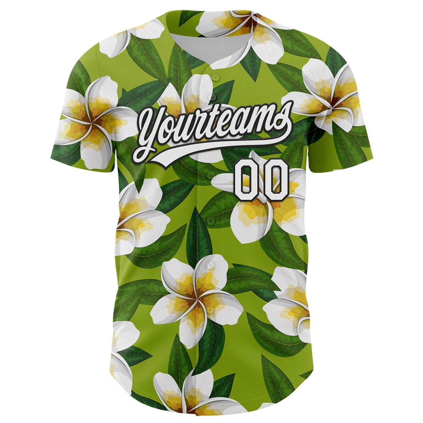 Custom Green White-Black 3D Tropical Hawaii Jungle Leaves And Flower Authentic Baseball Jersey view 2