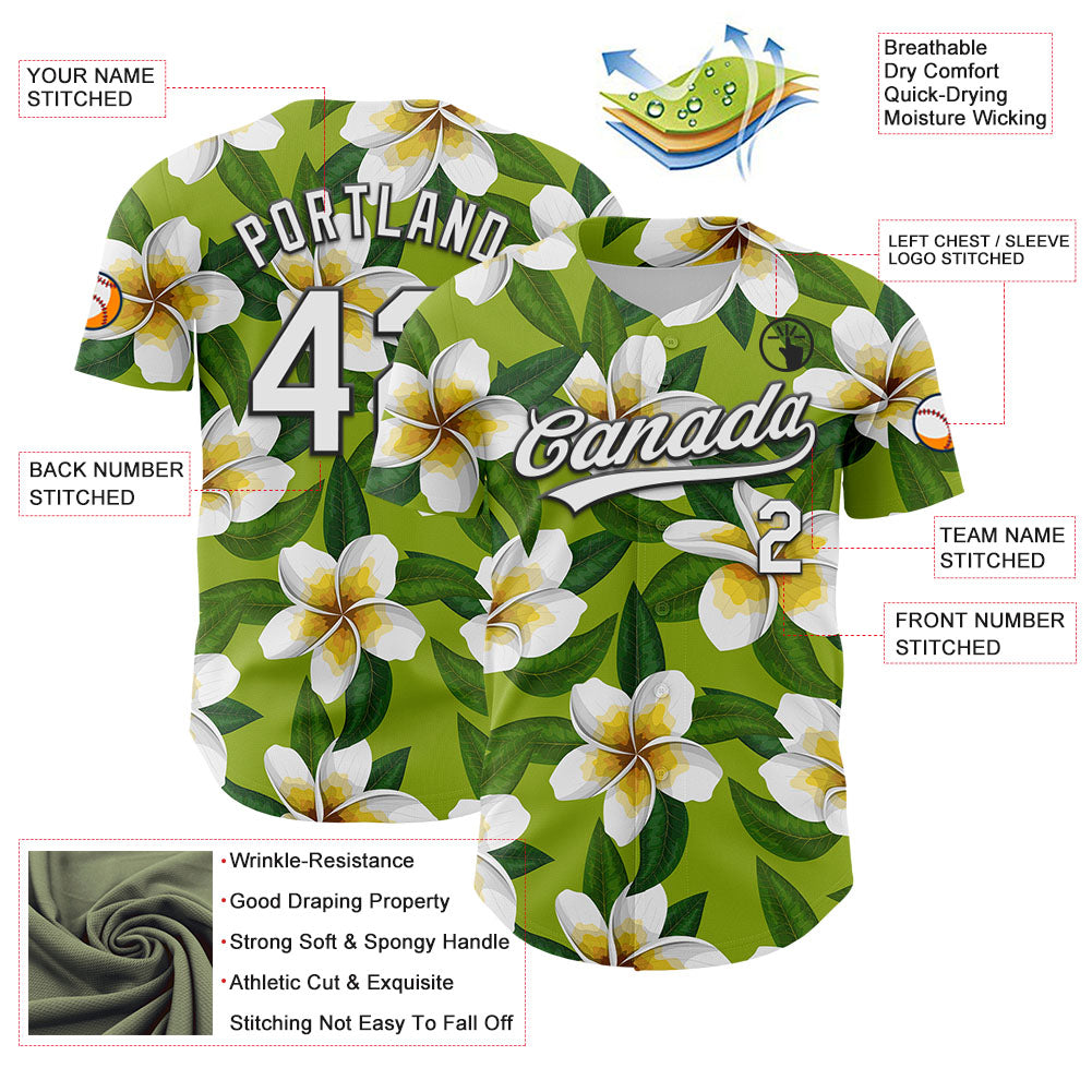 Custom Green White-Black 3D Tropical Hawaii Jungle Leaves And Flower Authentic Baseball Jersey view 3