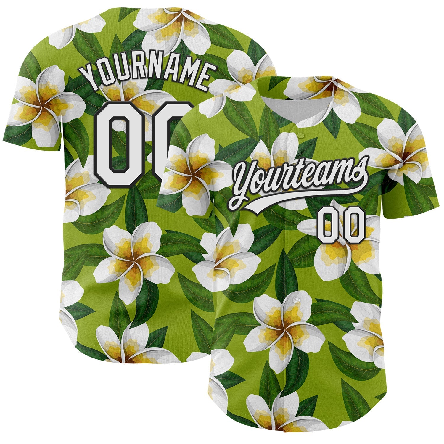 Custom Green White-Black 3D Tropical Hawaii Jungle Leaves And Flower Authentic Baseball Jersey - Main View