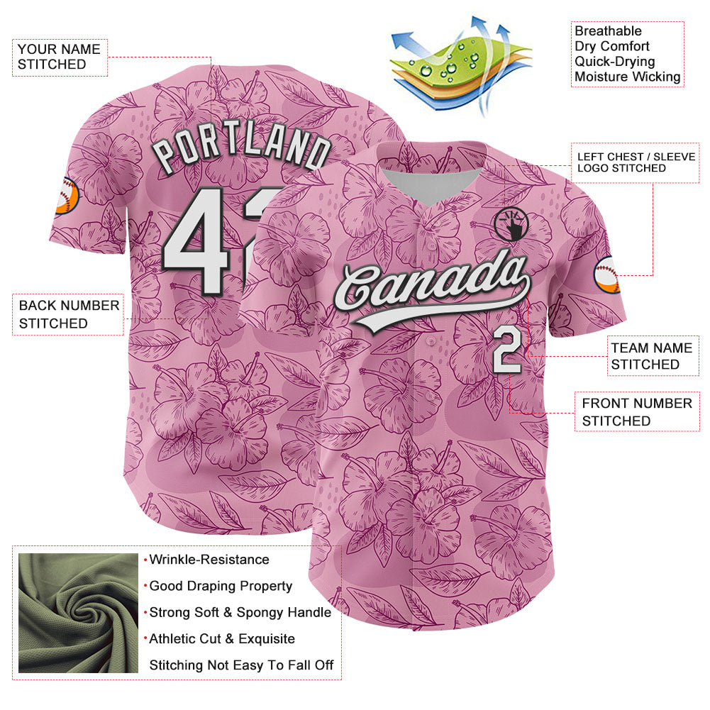Custom Light Pink White-Black 3D Tropical Hawaii Jungle Leaves And Flower Authentic Baseball Jersey view 3