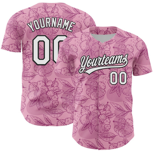 Custom Light Pink White-Black 3D Tropical Hawaii Jungle Leaves And Flower Authentic Baseball Jersey - Main View