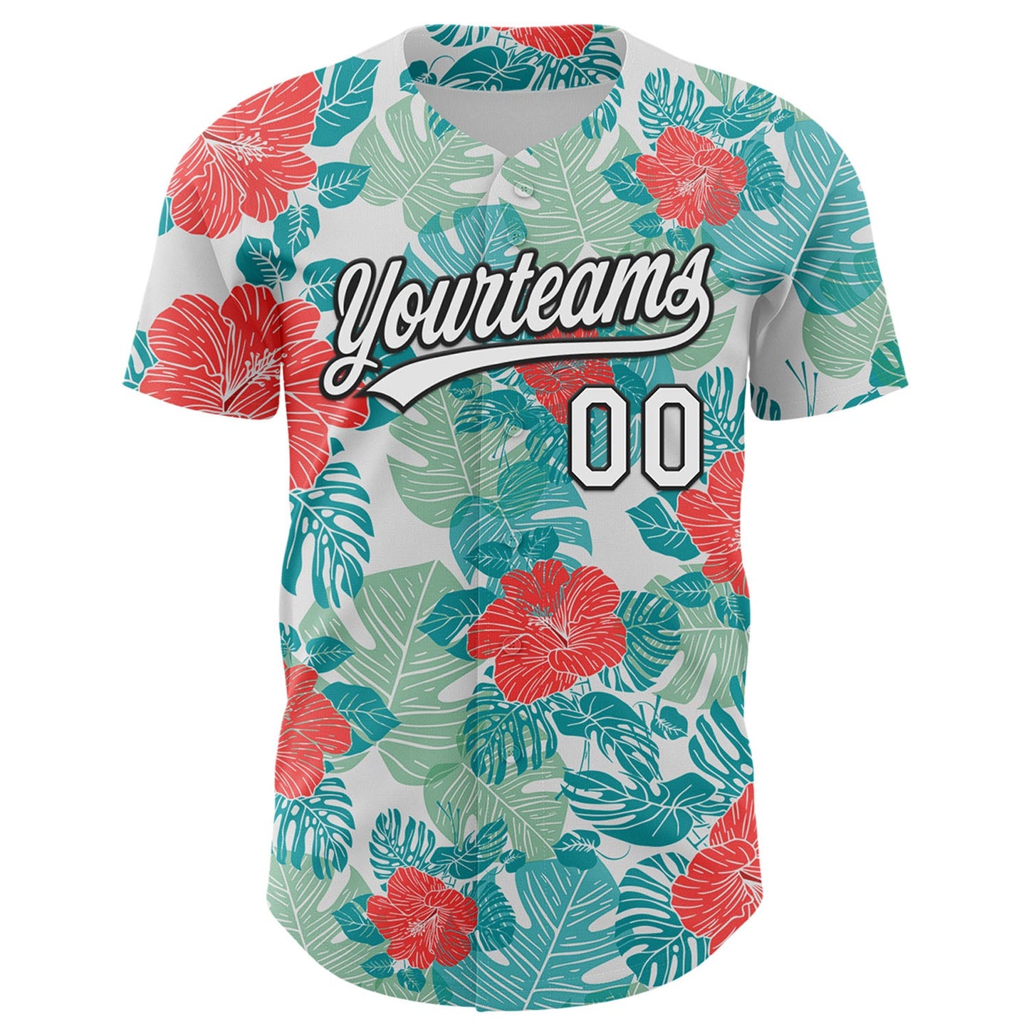 Custom White Black 3D Tropical Hawaii Jungle Leaves And Flower Authentic Baseball Jersey view 2