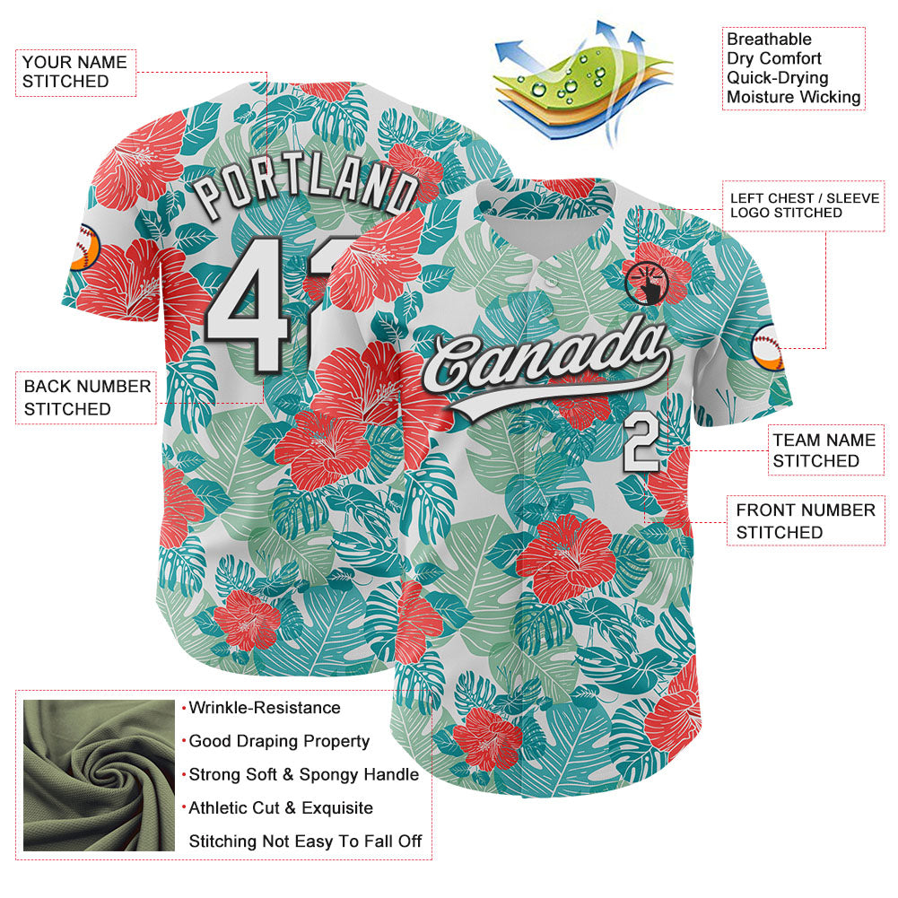 Custom White Black 3D Tropical Hawaii Jungle Leaves And Flower Authentic Baseball Jersey view 3