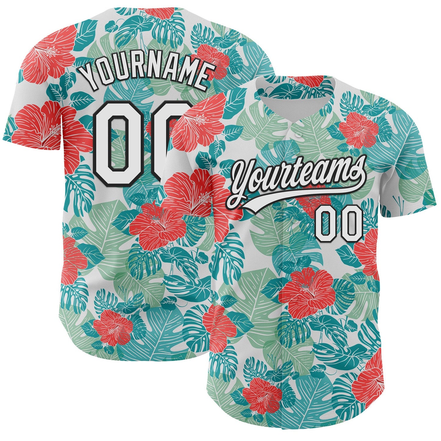 Custom White Black 3D Tropical Hawaii Jungle Leaves And Flower Authentic Baseball Jersey - Main View