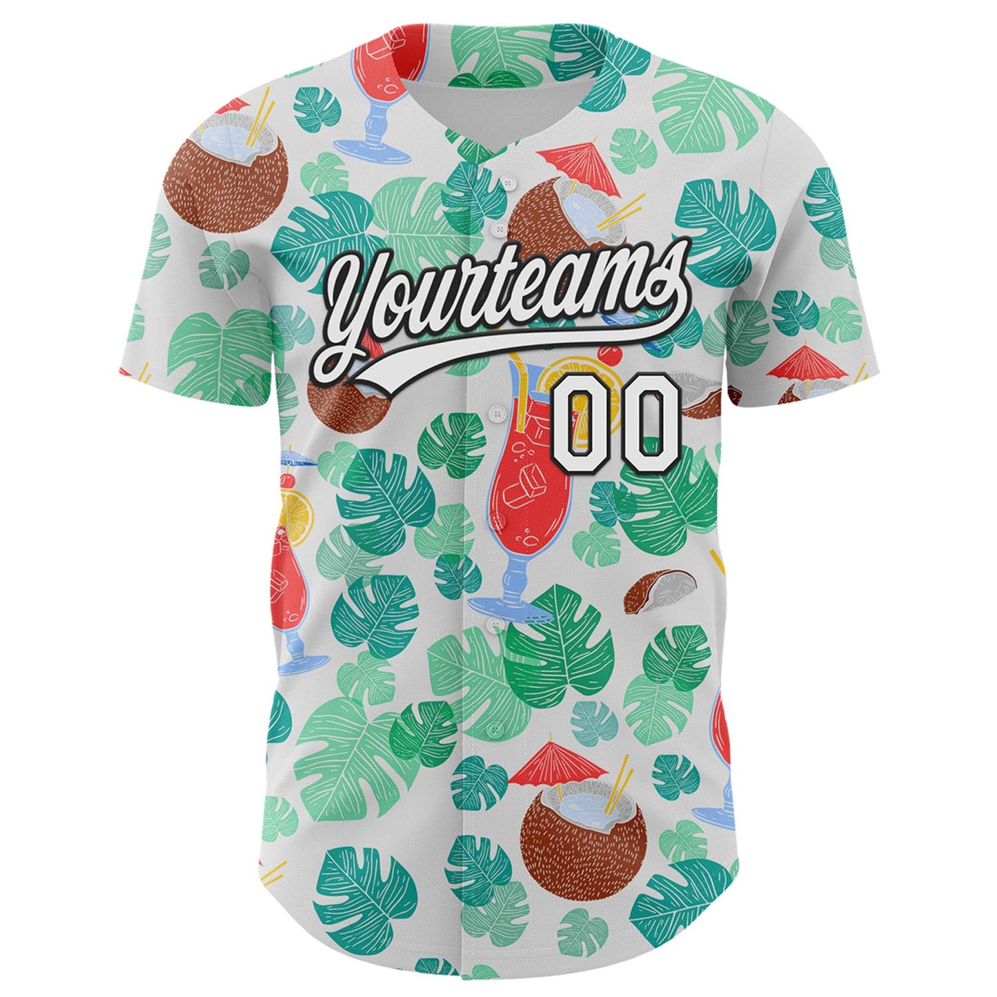 Custom White Black 3D Tropical Hawaii Jungle Leaves And Flower Authentic Baseball Jersey view 2