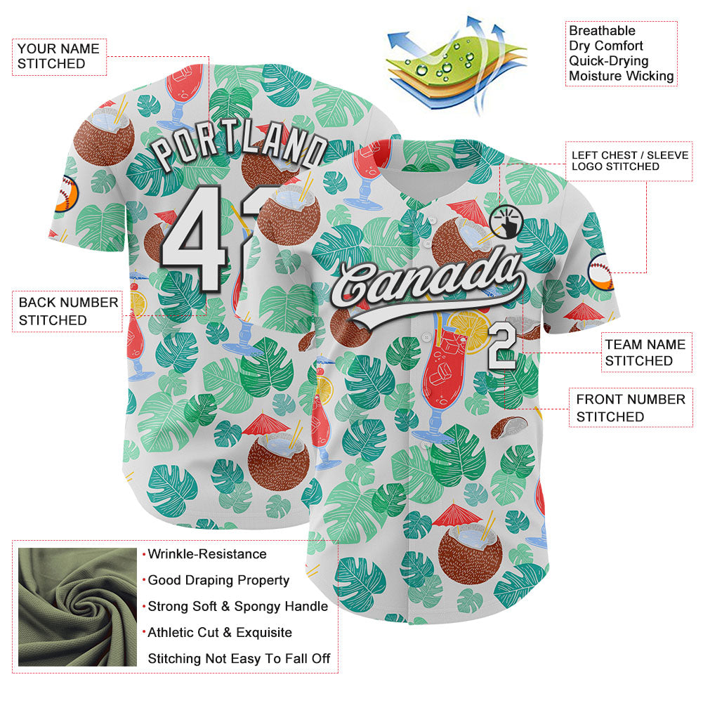 Custom White Black 3D Tropical Hawaii Jungle Leaves And Flower Authentic Baseball Jersey view 3