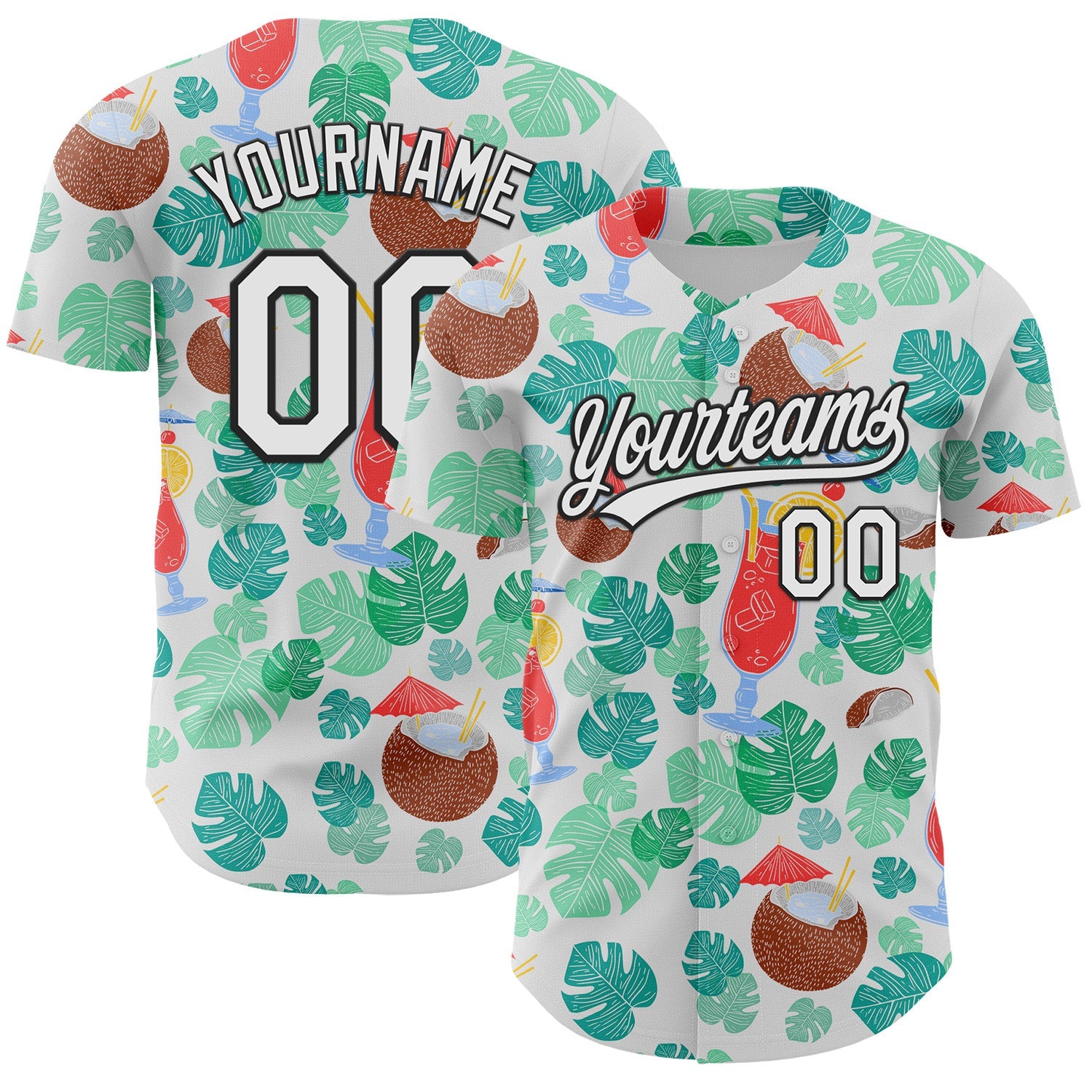 Custom White Black 3D Tropical Hawaii Jungle Leaves And Flower Authentic Baseball Jersey - Main View