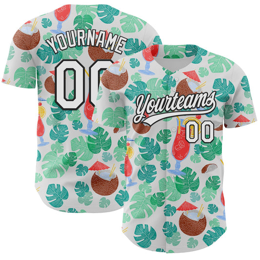 Custom White Black 3D Tropical Hawaii Jungle Leaves And Flower Authentic Baseball Jersey - Main View