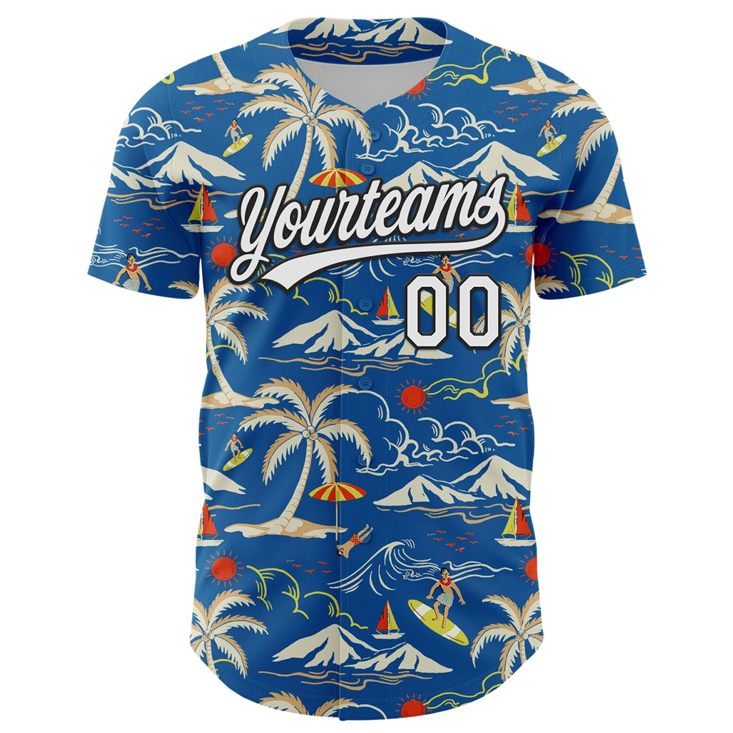 Custom Blue White-Black 3D Tropical Beach Island Hawaii Palm Tree Authentic Baseball Jersey view 2