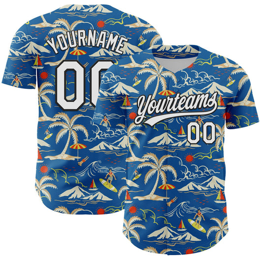 Custom Blue White-Black 3D Tropical Beach Island Hawaii Palm Tree Authentic Baseball Jersey - Main View