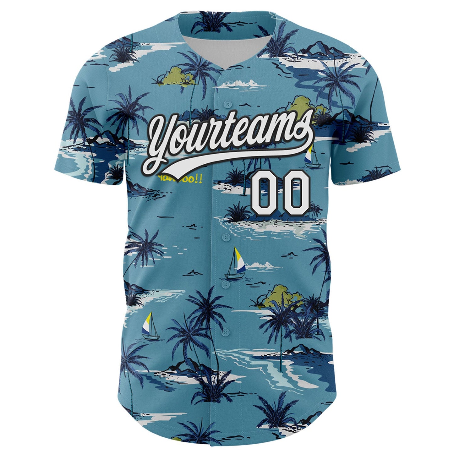 Custom Shadow Blue White-Black 3D Tropical Beach Island Hawaii Palm Tree Authentic Baseball Jersey view 2