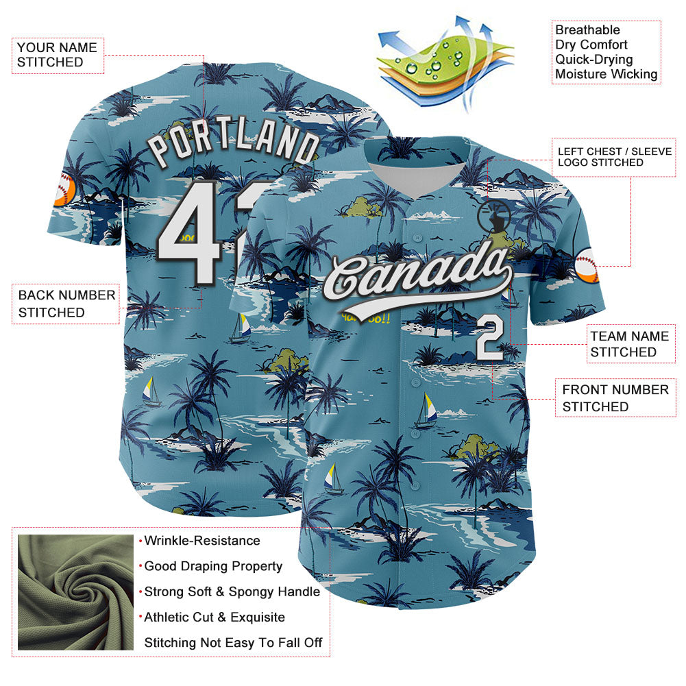 Custom Shadow Blue White-Black 3D Tropical Beach Island Hawaii Palm Tree Authentic Baseball Jersey view 3