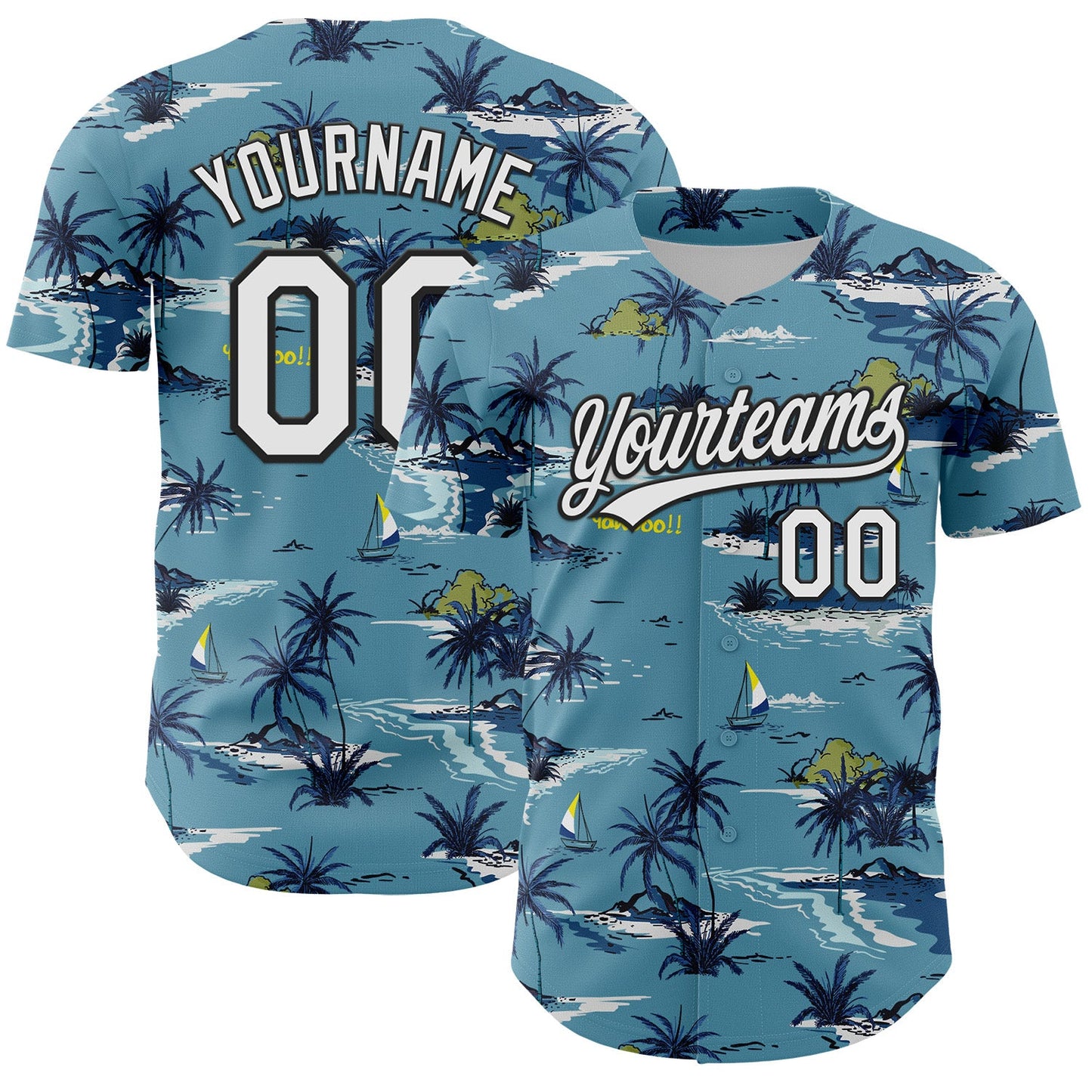 Custom Shadow Blue White-Black 3D Tropical Beach Island Hawaii Palm Tree Authentic Baseball Jersey - Main View
