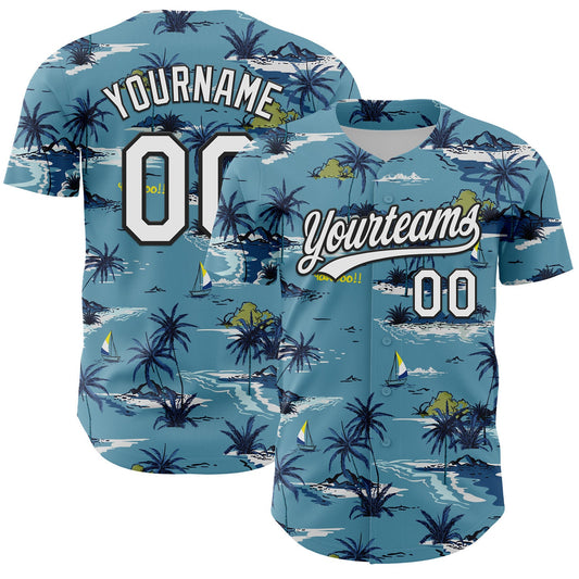 Custom Shadow Blue White-Black 3D Tropical Beach Island Hawaii Palm Tree Authentic Baseball Jersey - Main View