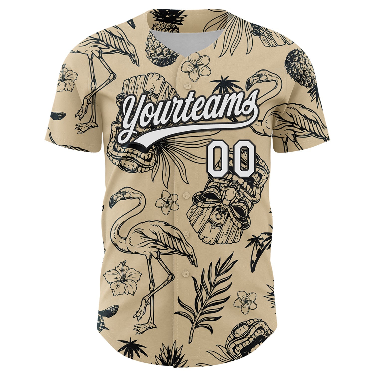 Custom City Cream White-Black 3D Tropical Hawaii Plant And Flamingo Authentic Baseball Jersey view 2