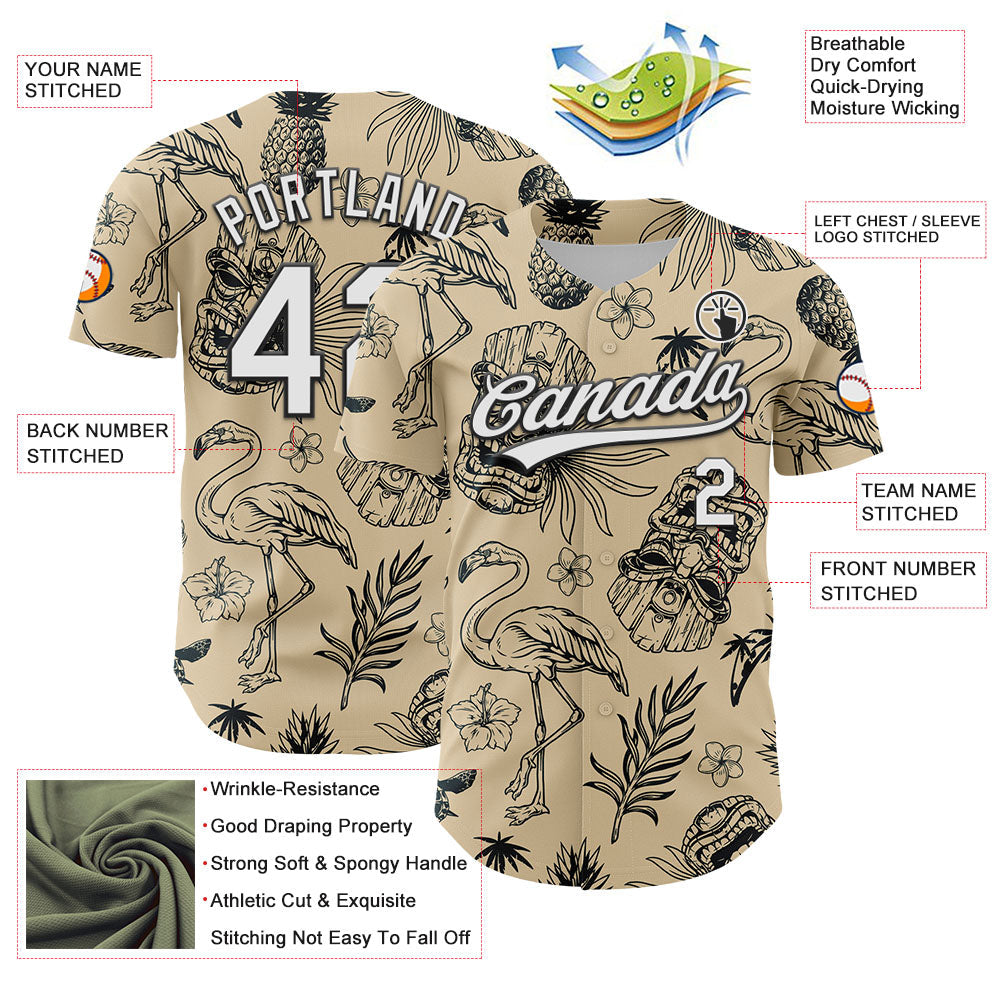 Custom City Cream White-Black 3D Tropical Hawaii Plant And Flamingo Authentic Baseball Jersey view 3