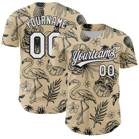 Custom City Cream White-Black 3D Tropical Hawaii Plant And Flamingo Authentic Baseball Jersey - Main View