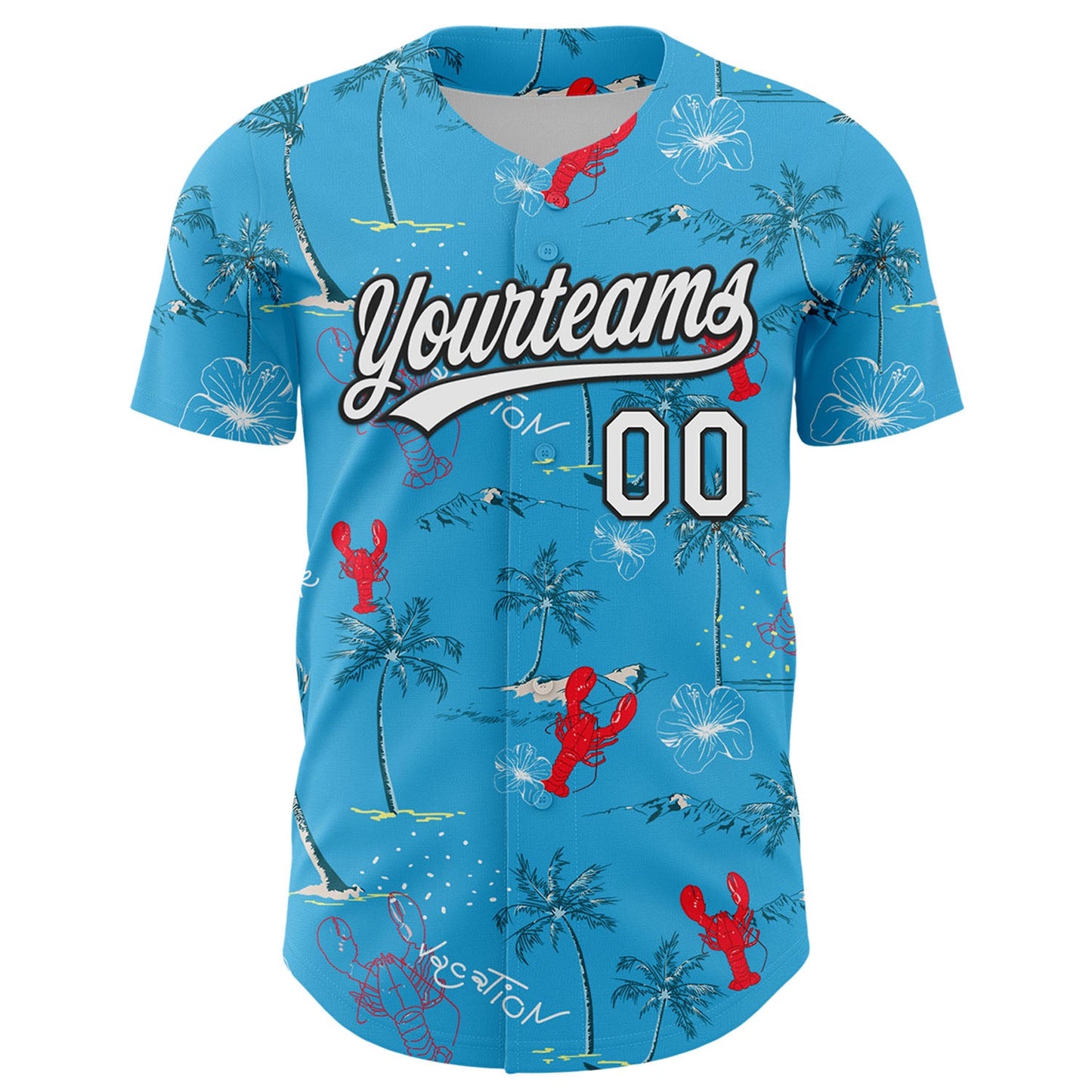 Custom Sky Blue White-Black 3D Tropical Beach Hawaii Palm Tree And Lobster Authentic Baseball Jersey view 2