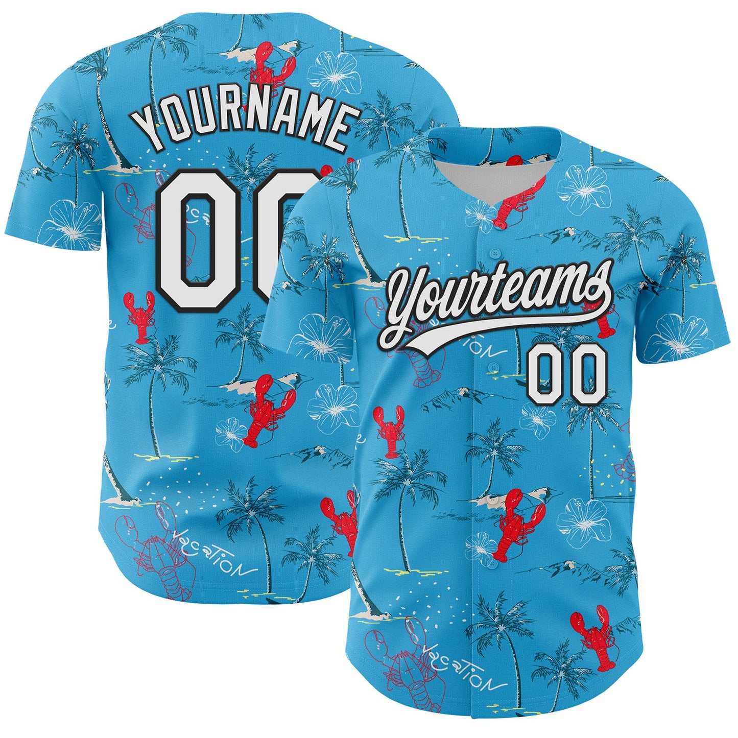 Custom Sky Blue White-Black 3D Tropical Beach Hawaii Palm Tree And Lobster Authentic Baseball Jersey - Main View