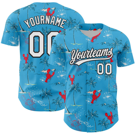 Custom Sky Blue White-Black 3D Tropical Beach Hawaii Palm Tree And Lobster Authentic Baseball Jersey - Main View