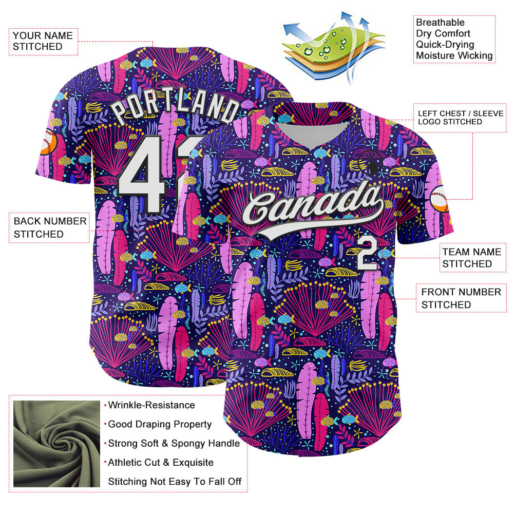 Custom Purple White-Black 3D Tropical Hawaii Plant Authentic Baseball Jersey view 3