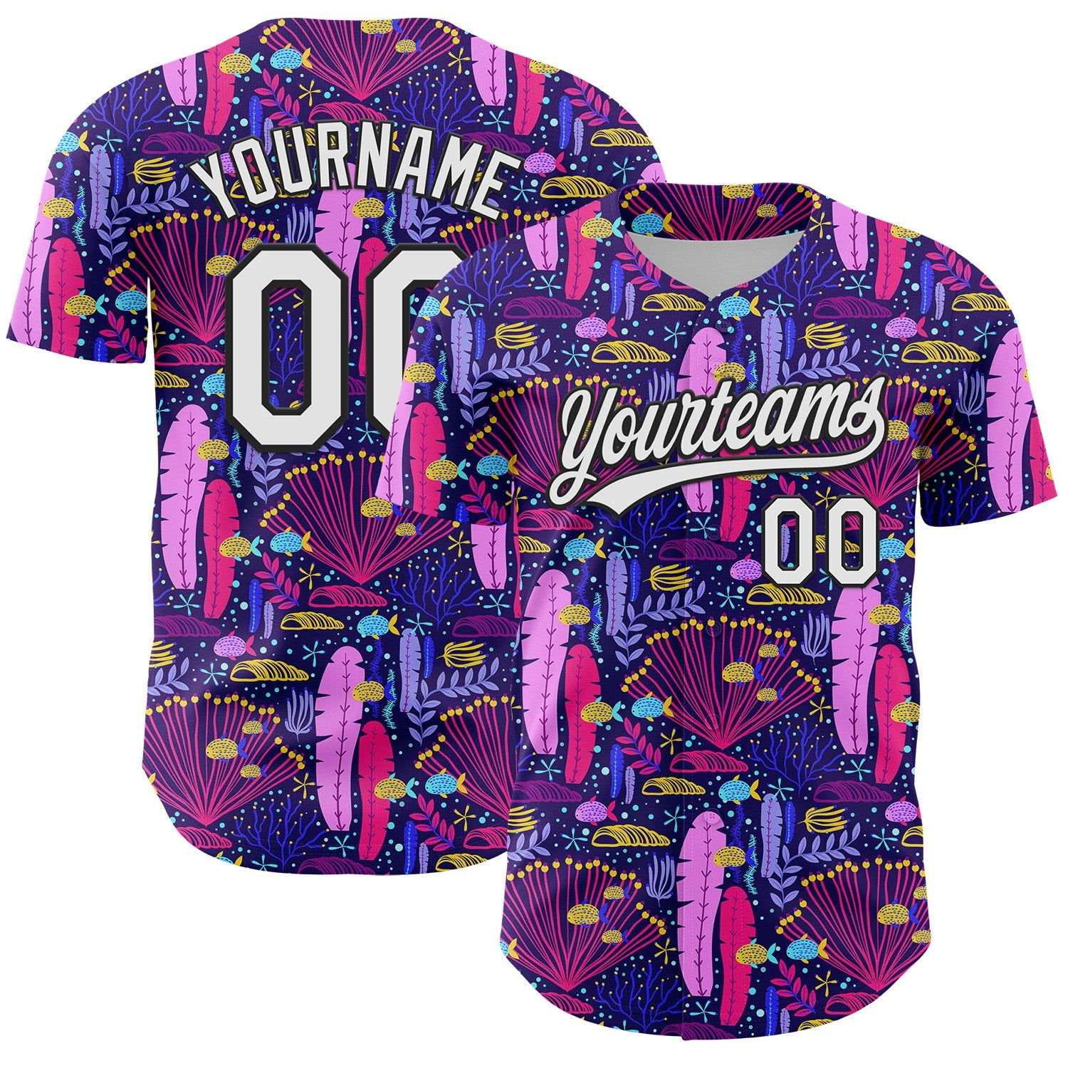 Custom Purple White-Black 3D Tropical Hawaii Plant Authentic Baseball Jersey - Main View