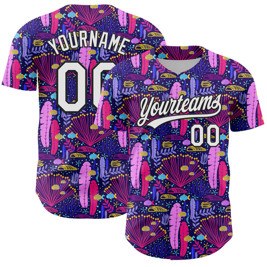 Custom Purple White-Black 3D Tropical Hawaii Plant Authentic Baseball Jersey - Main View