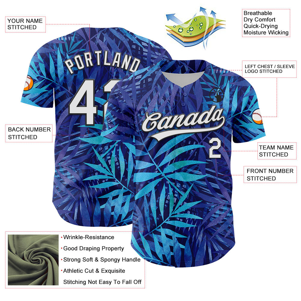 Custom Purple White-Black 3D Tropical Hawaii Leaves Authentic Baseball Jersey view 3