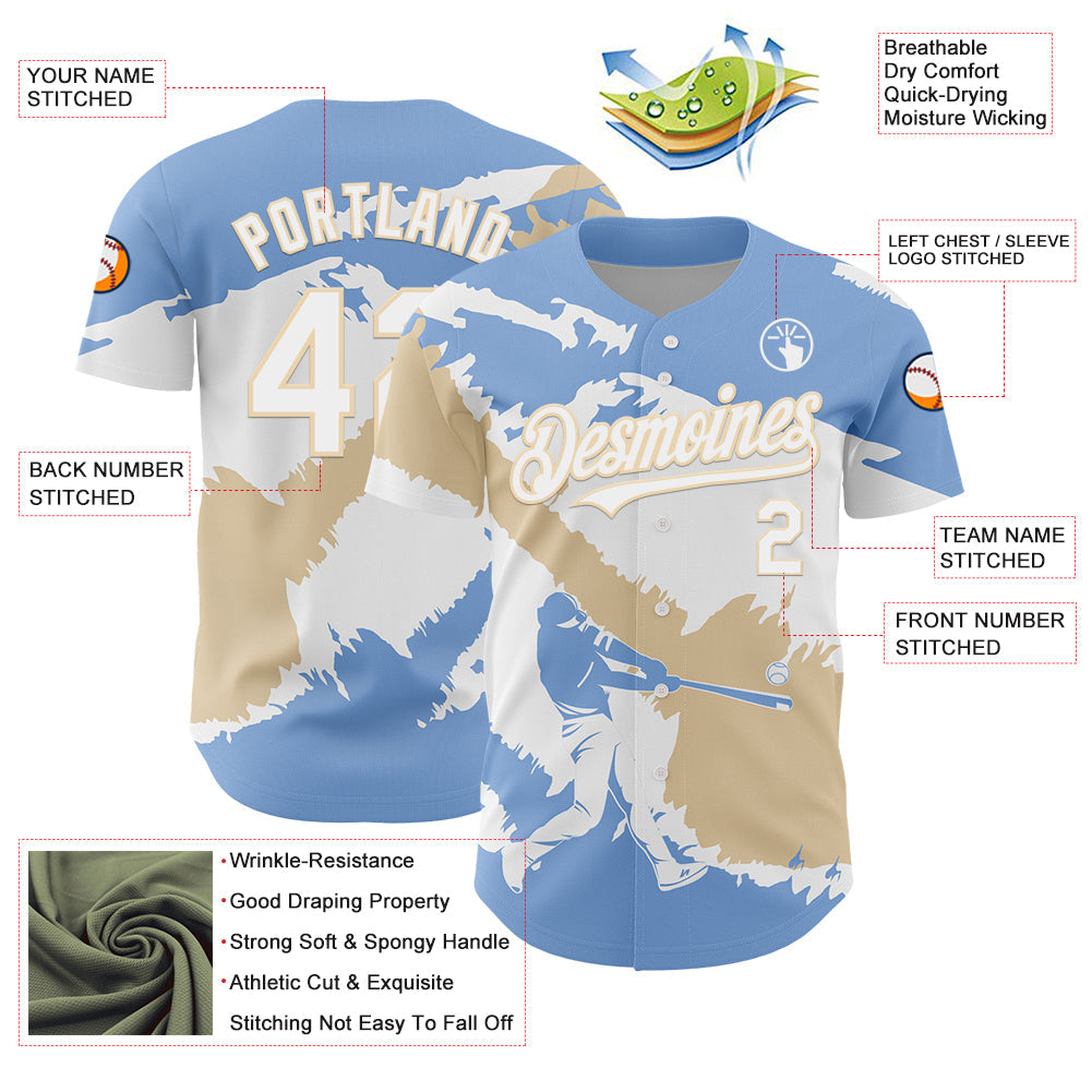 Custom Light Blue White-City Cream 3D Argentina Argentinian Flag Authentic Baseball Jersey view 3