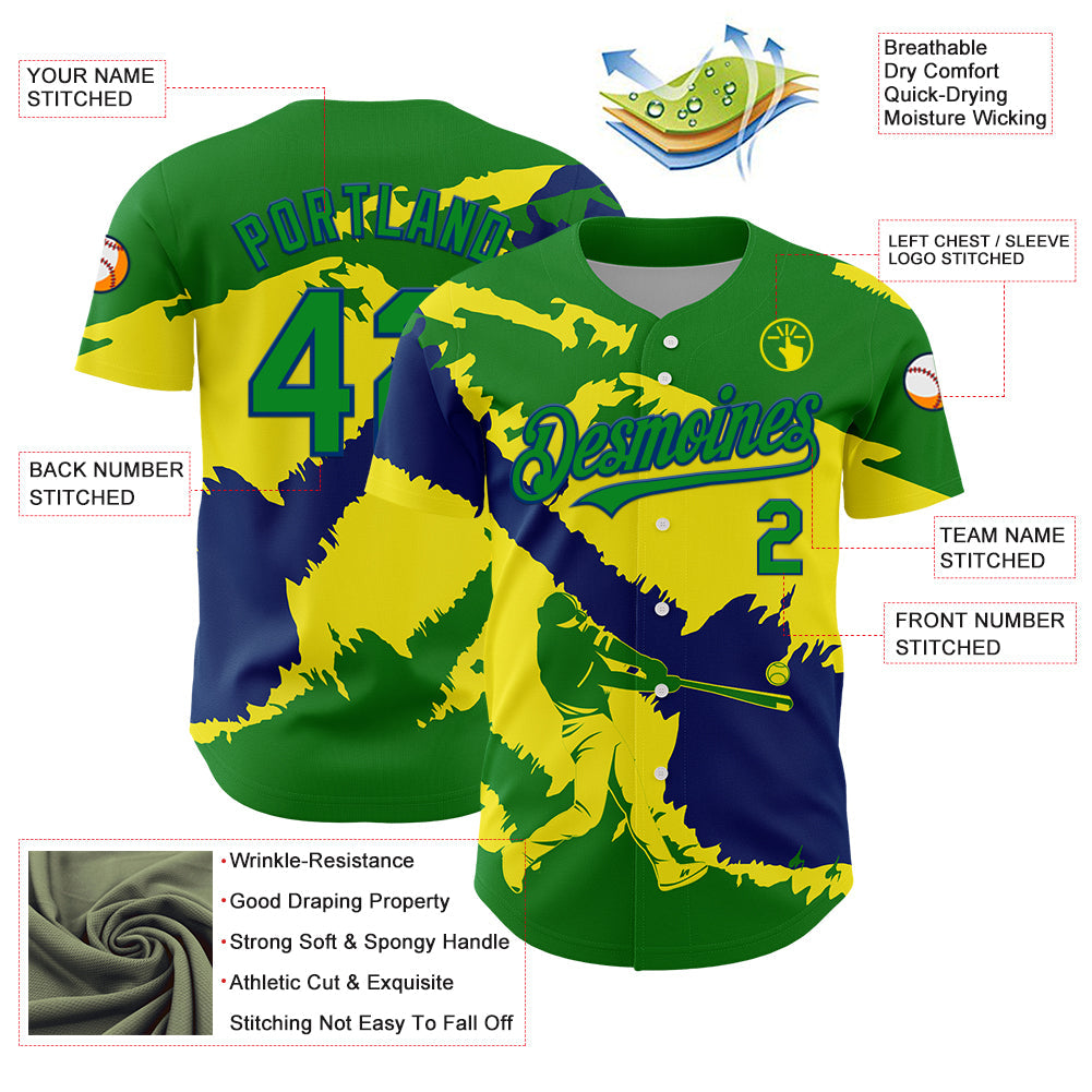 Custom Grass Green US Navy Blue-Light Yellow 3D Brazil Brazilian Flag Authentic Baseball Jersey view 3