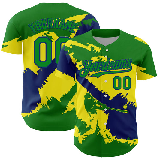 Custom Grass Green US Navy Blue-Light Yellow 3D Brazil Brazilian Flag Authentic Baseball Jersey - Main View