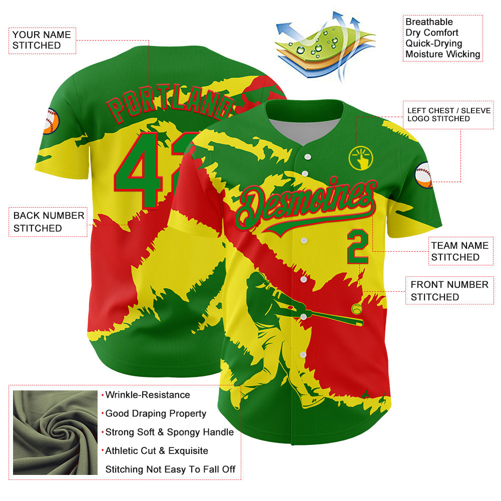 Custom Grass Green Fire Red-Light Yellow 3D Bolivia Bolivian Flag Authentic Baseball Jersey view 3