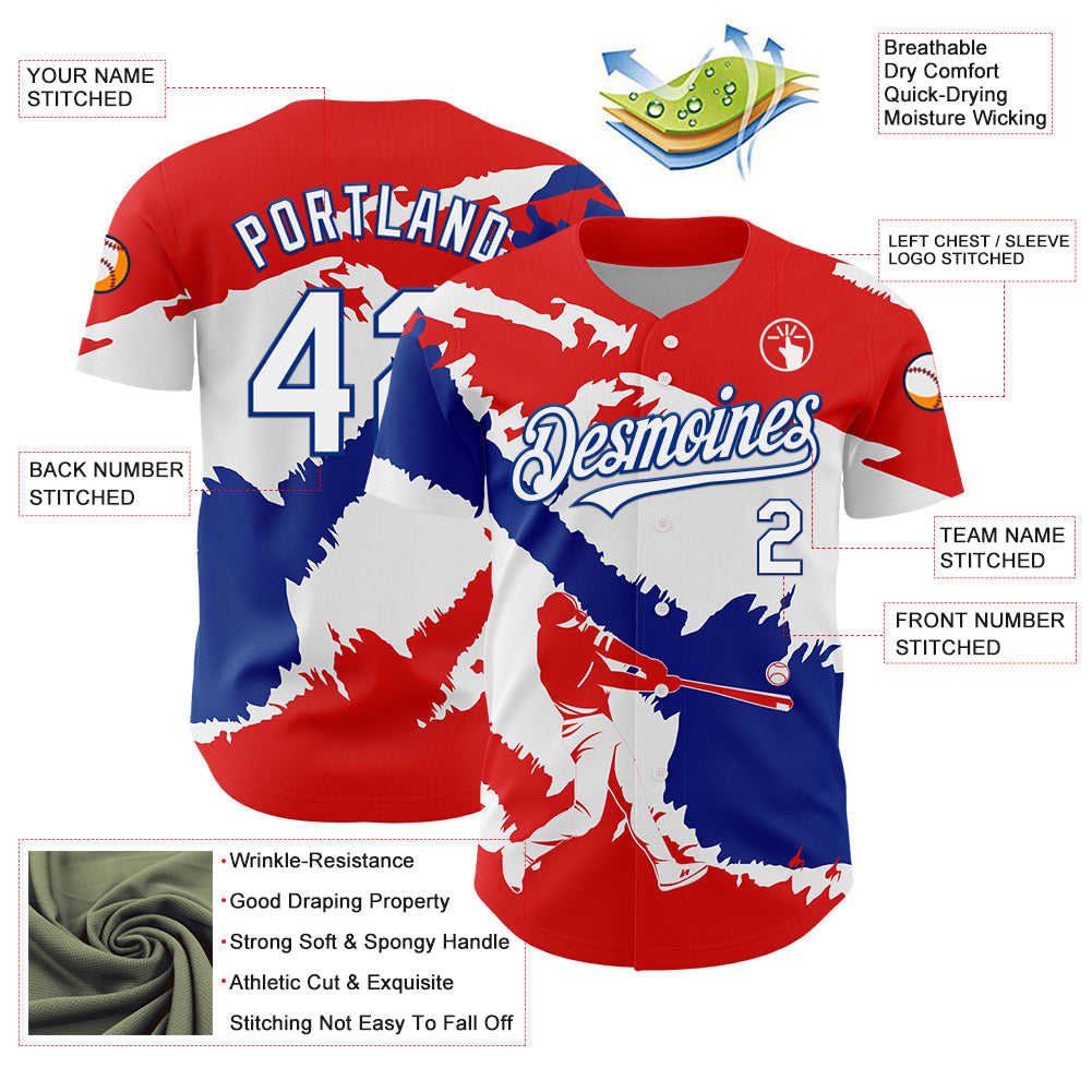 Custom Fire Red White-Royal 3D Chile Chilean Flag Authentic Baseball Jersey view 3
