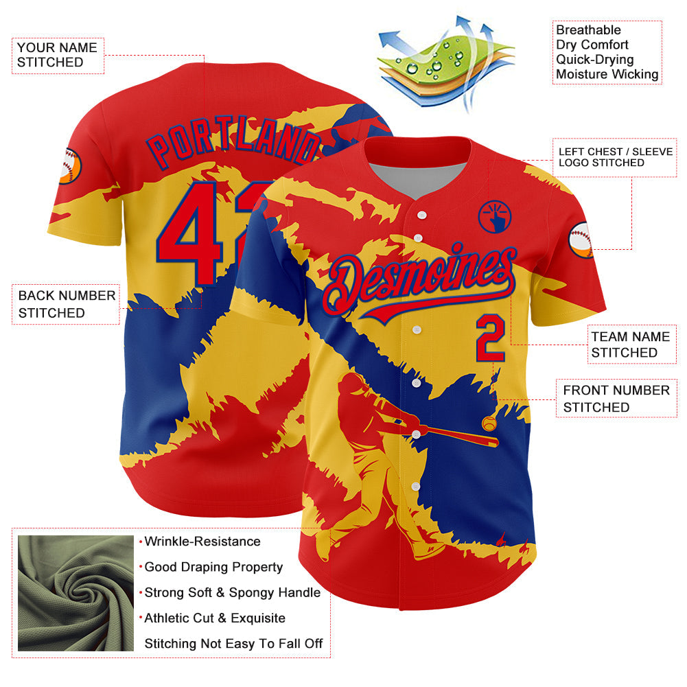 Custom Fire Red Royal-Yellow 3D Colombia Colombian Flag Authentic Baseball Jersey view 3