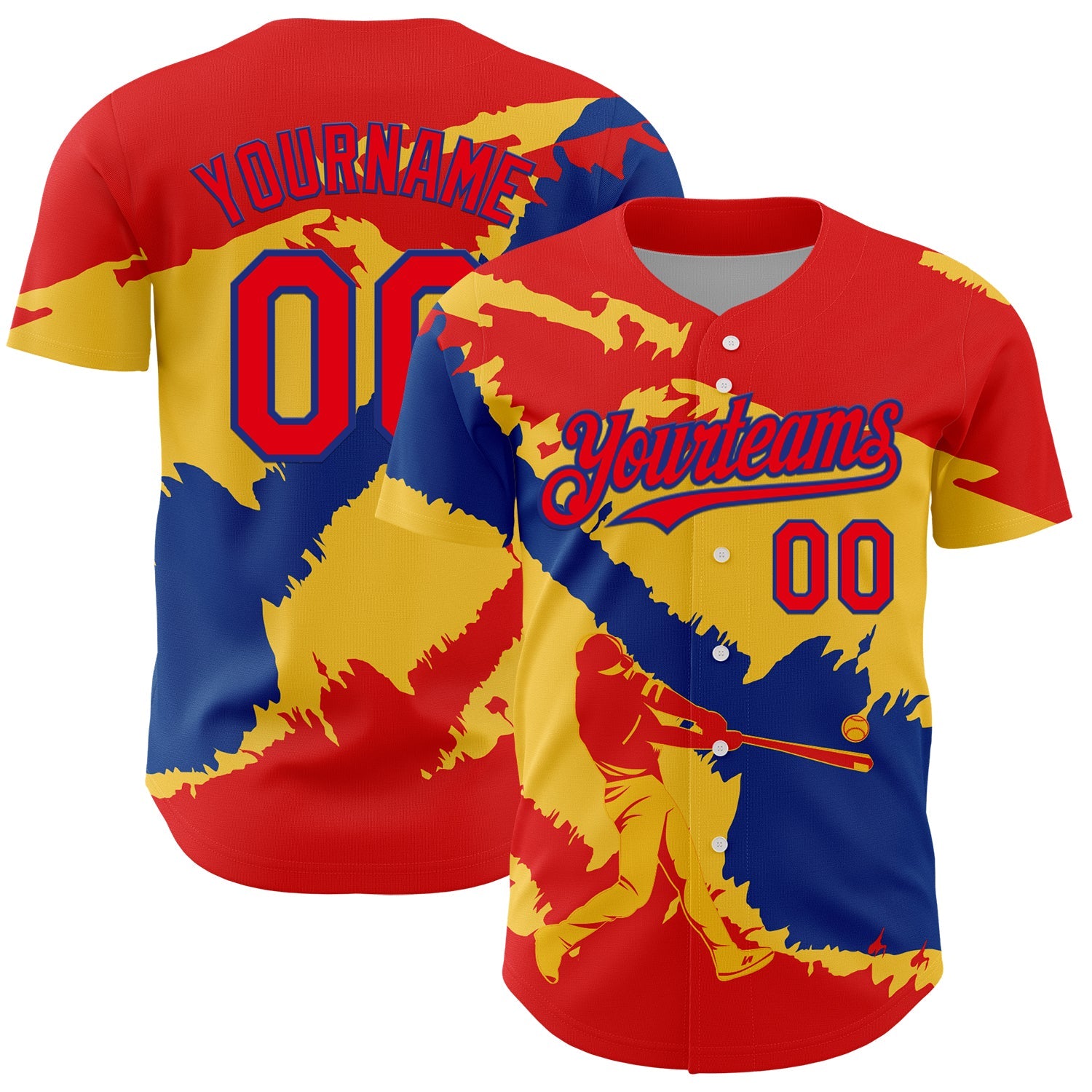 Custom Fire Red Royal-Yellow 3D Colombia Colombian Flag Authentic Baseball Jersey - Main View