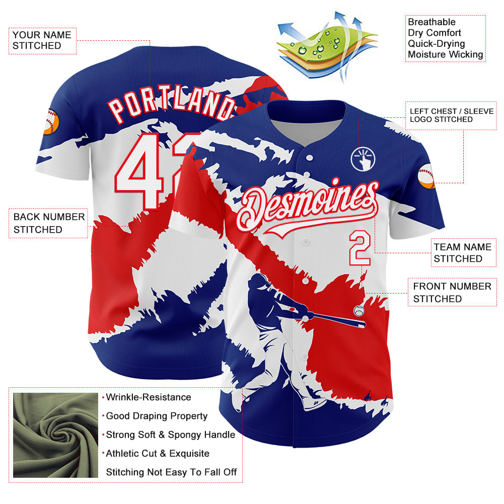 Custom Royal White-Fire Red 3D Costa Rica Costa Rican Flag Authentic Baseball Jersey view 3