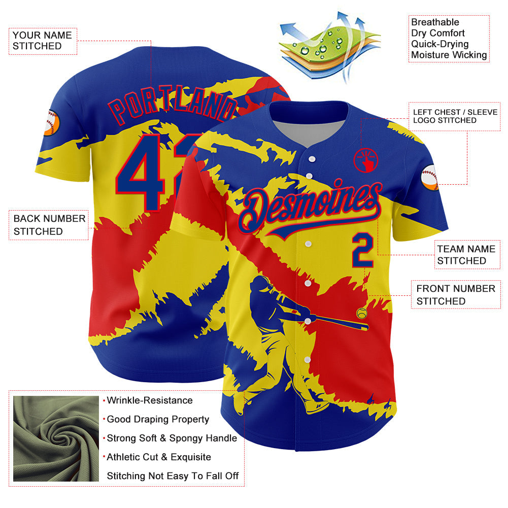 Custom Royal Fire Red-Light Yellow 3D Ecuador Ecuadorian Flag Authentic Baseball Jersey view 3