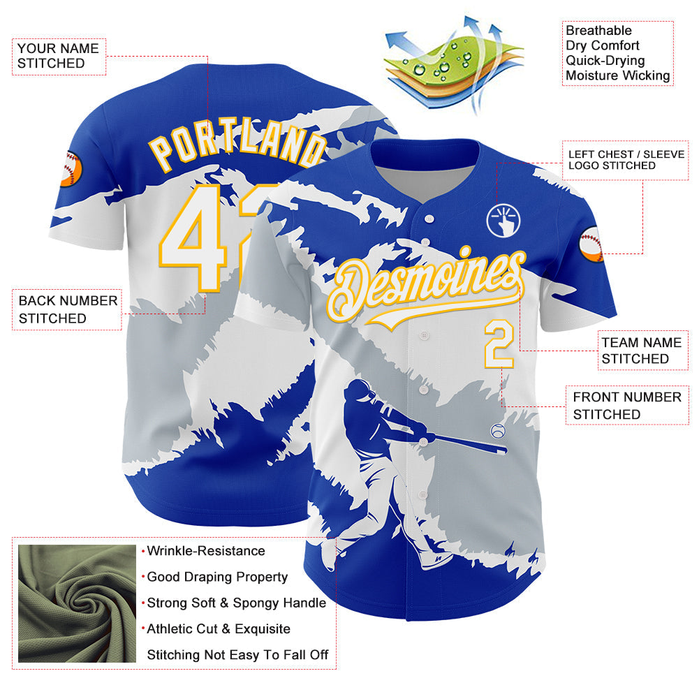 Custom Thunder Blue Gold-Silver 3D El Salvador El Salvadoran Flag Authentic Baseball Jersey view 3