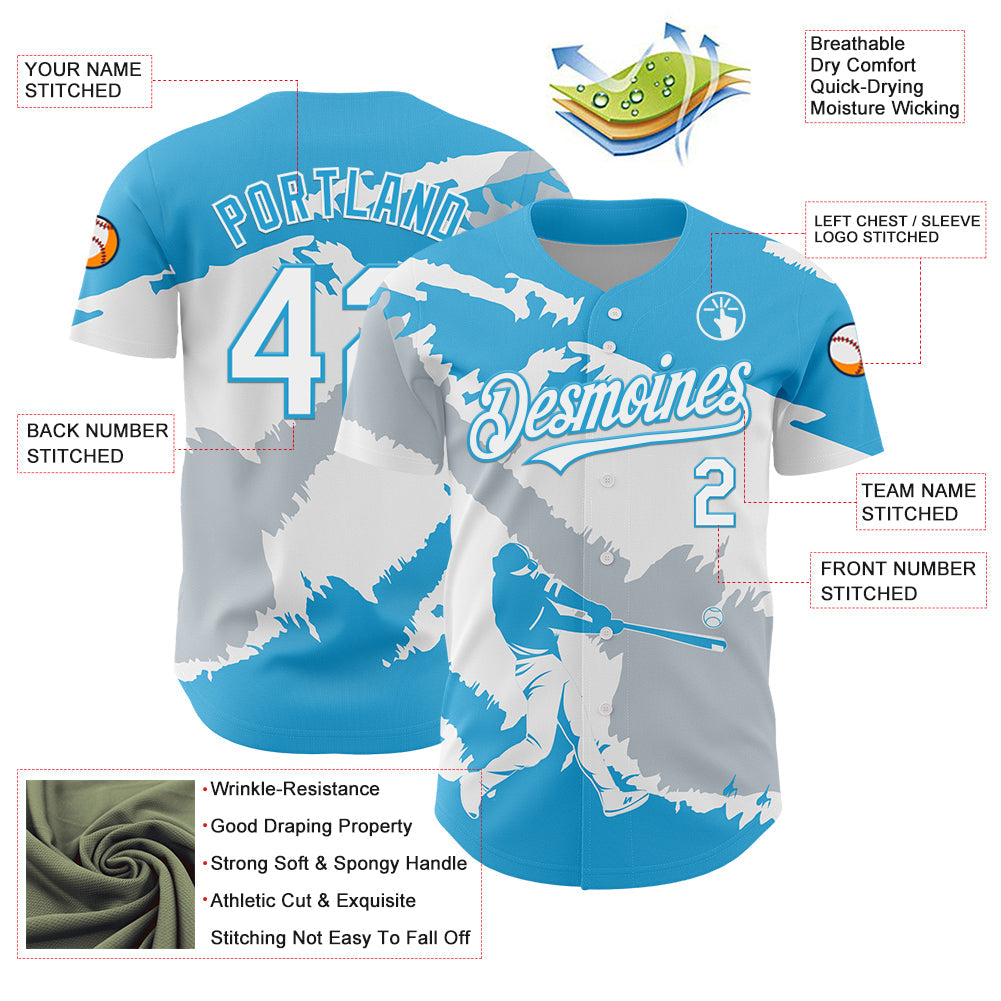 Custom Sky Blue White-Silver 3D Guatemala Guatemalan Flag Authentic Baseball Jersey view 3