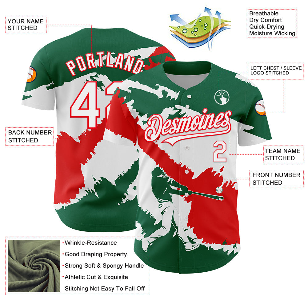 Custom Kelly Green White-Fire Red 3D Mexico Mexican Flag Authentic Baseball Jersey view 3